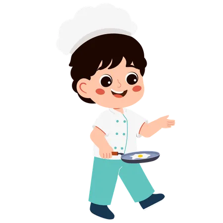 El pequeño niño chef cocina huevos  Ilustración