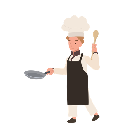 Chef infantil cocinando con sartén  Ilustración