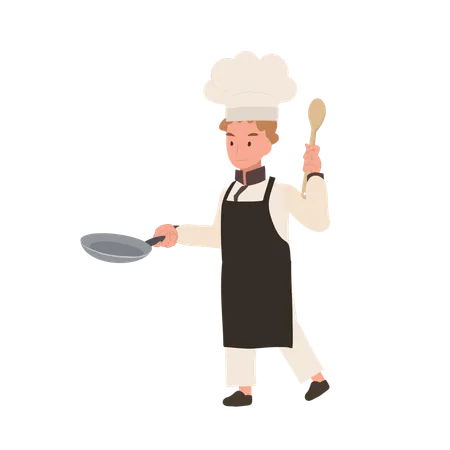 Chef infantil cocinando con sartén  Ilustración