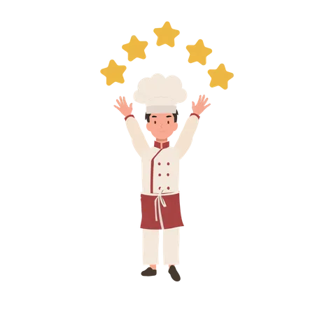 Nino Chef Con 5 Estrellas Joven Chef Gourmet Celebrando Una Resena De 5 Estrellas Ilustración