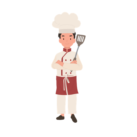 Un joven chef confiado con los brazos cruzados y sosteniendo la aleta  Ilustración