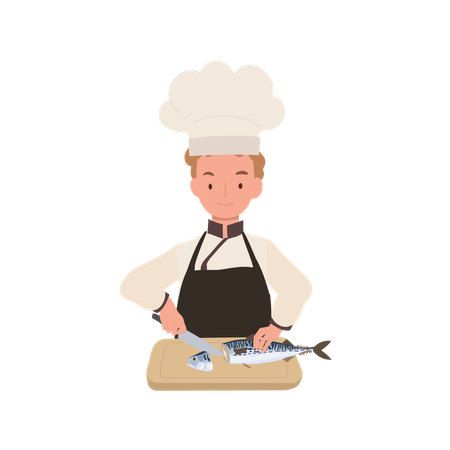 El chef infantil prepara pescado caballa  Ilustración