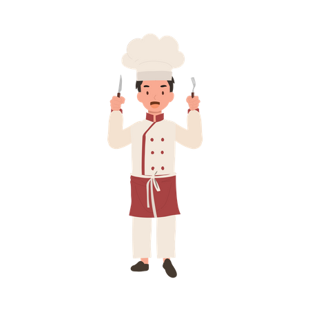 Chef infantil sosteniendo tenedor y cuchillo  Ilustración