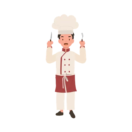 Chef infantil sosteniendo tenedor y cuchillo  Ilustración
