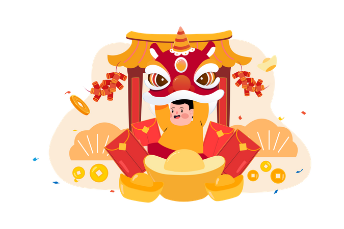 Niño chino con tarjeta angpow  Ilustración