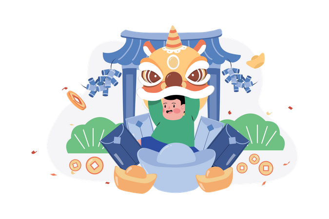 Niño chino con tarjeta angpow  Ilustración
