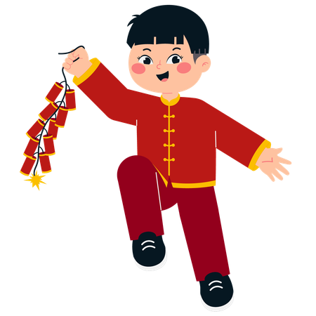 Niño chino sosteniendo petardos  Ilustración