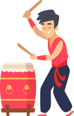 Niño chino tocando el tambor  Ilustración