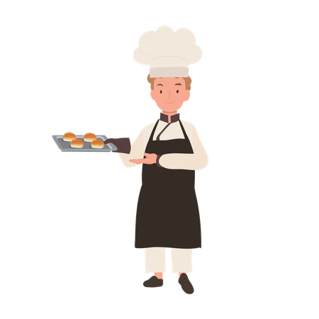 Niño cocinero con gorro de chef y delantal horneando un delicioso panecillo  Ilustración