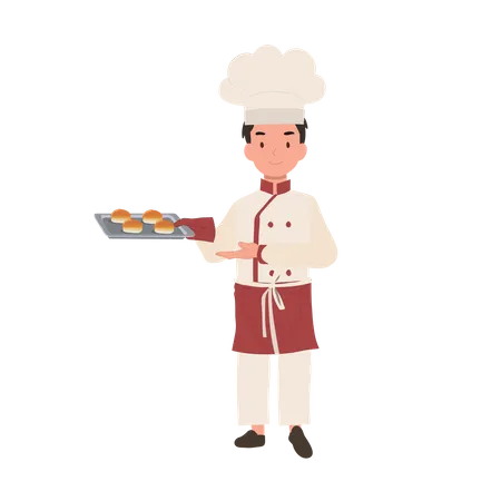 Niño cocinero con gorro de chef y delantal horneando un delicioso panecillo  Ilustración