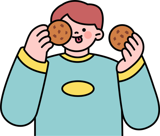 El niño come galletas de chocolate  Ilustración