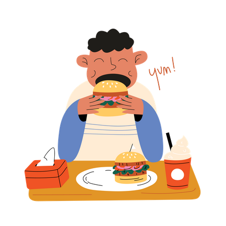 Niño come hamburguesa  Ilustración