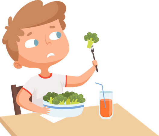 Niño comiendo brócoli saludable  Ilustración