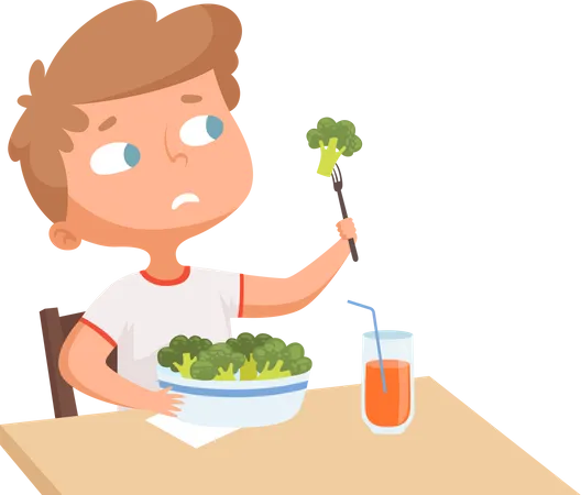 Niño comiendo brócoli saludable  Ilustración