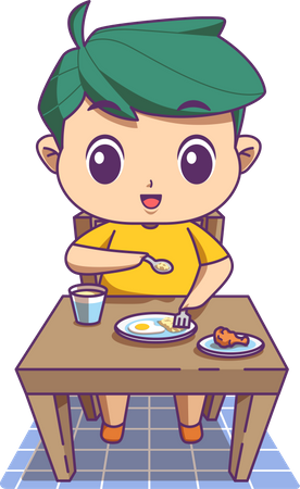 Niño desayunando por la mañana mientras está sentado en la mesa  Ilustración