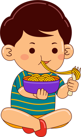 Niño comiendo espaguetis  Ilustración