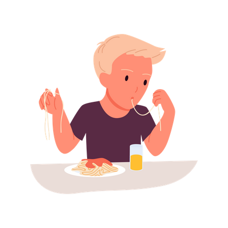 Niño comiendo fideos  Ilustración