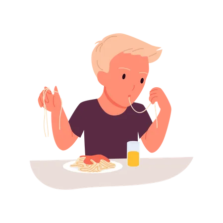 Niño comiendo fideos  Ilustración