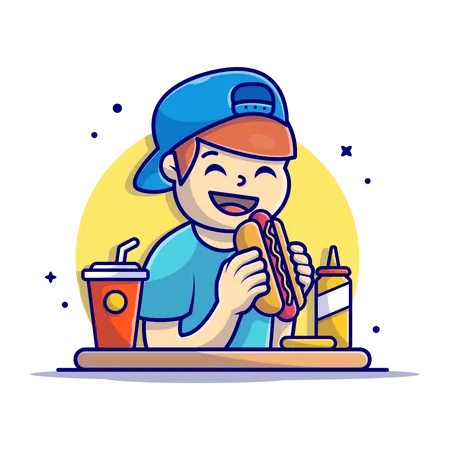 Niño comiendo hot dog  Ilustración