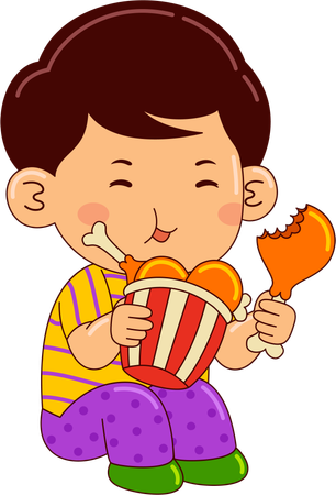 Niño comiendo pollo frito  Ilustración