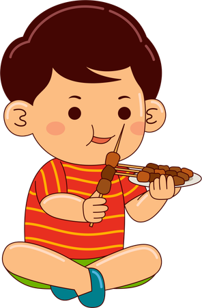 Niño comiendo satay  Ilustración