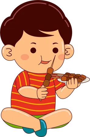 Niño comiendo satay  Ilustración