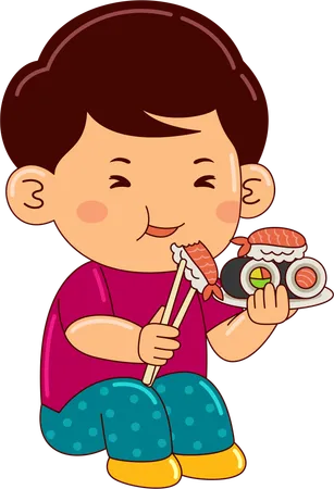 Nino Ninos Comer Sushi Ilustración
