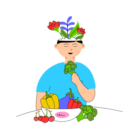 Niño comiendo verduras por salud mental  Ilustración