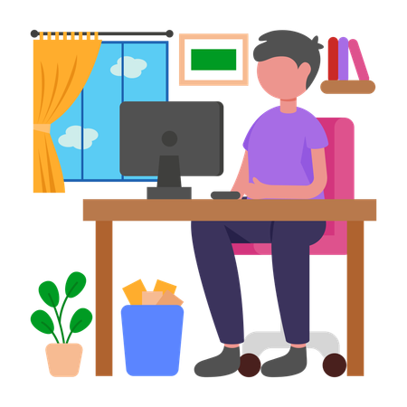 Niño completando tareas usando su computadora  Ilustración