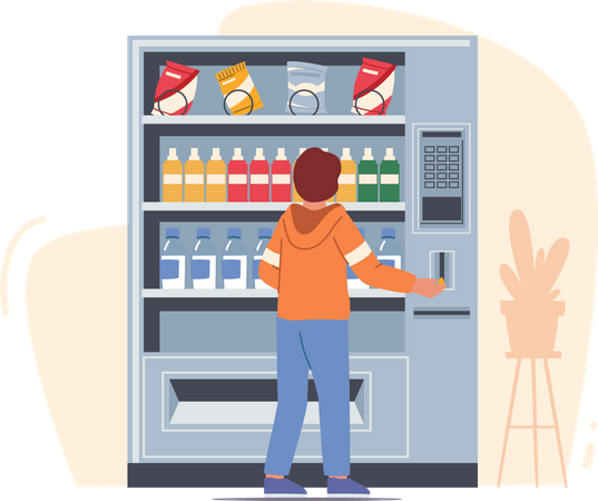 Niño comprando bocadillos en una máquina expendedora  Ilustración
