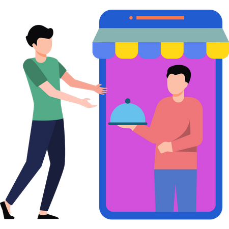 Niño comprando comida en línea  Ilustración