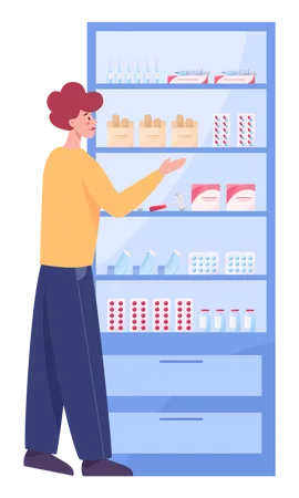 Niño comprando medicamentos en una tienda médica  Ilustración
