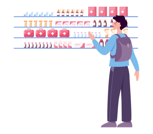 Niño comprando medicamentos en una tienda médica  Ilustración