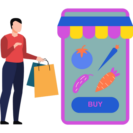 Niño comprando verduras en línea  Ilustración