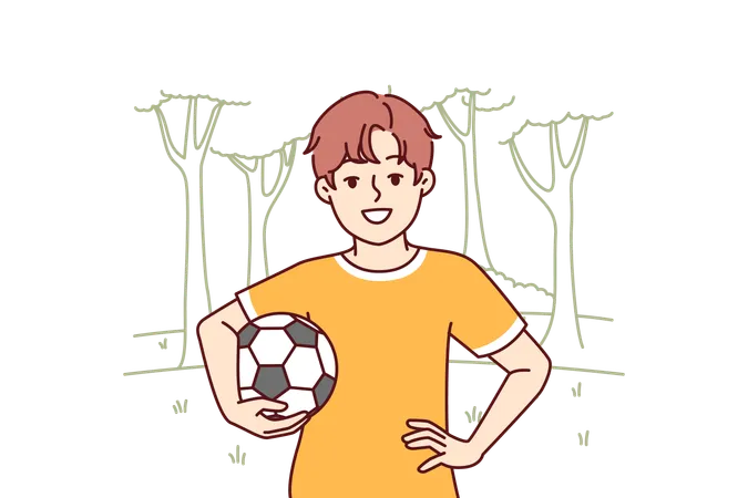 Un niño con pelota de fútbol disfruta de recreación al aire libre y con una sonrisa mira la pantalla  Ilustración