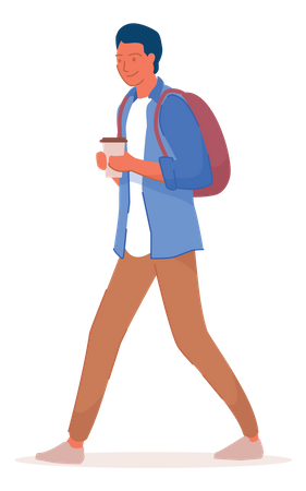 Niño con bolso y sosteniendo una taza de café  Ilustración