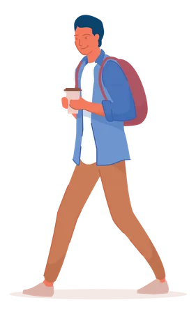 Niño con bolso y sosteniendo una taza de café  Ilustración