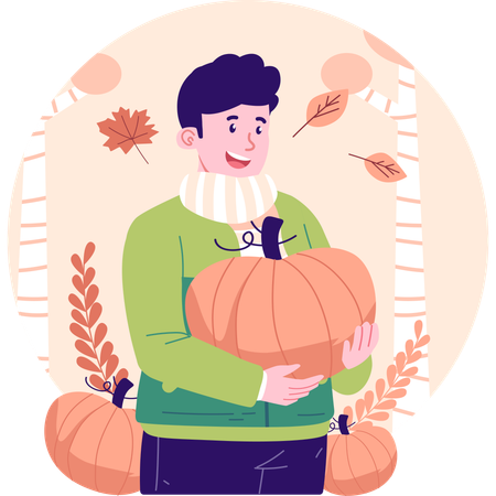 Niño con calabaza en mano en otoño  Ilustración