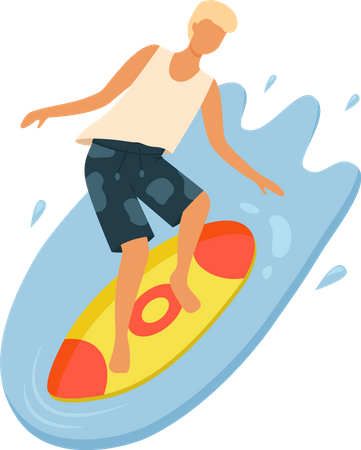 Niño vistiendo camiseta y pantalones cortos surfeando  Ilustración