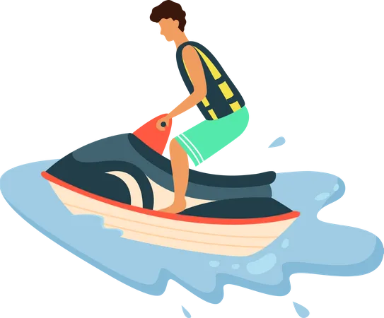 Niño con chaleco salvavidas montando moto acuática  Ilustración
