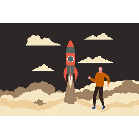 Niño con cohete lanzado al espacio  Ilustración