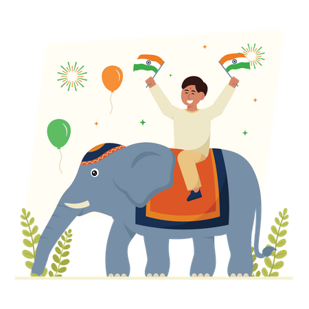 Niño pequeño con elefante y celebrando el día de la Independencia.  Ilustración