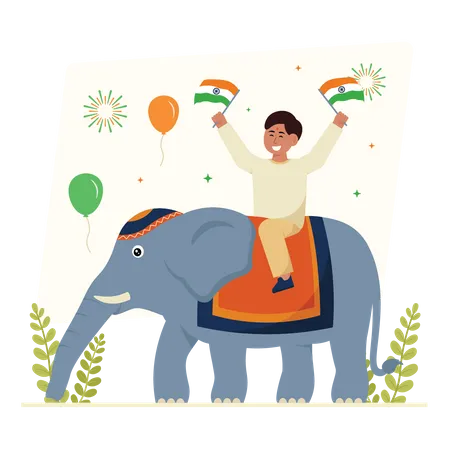 Niño pequeño con elefante y celebrando el día de la Independencia.  Ilustración