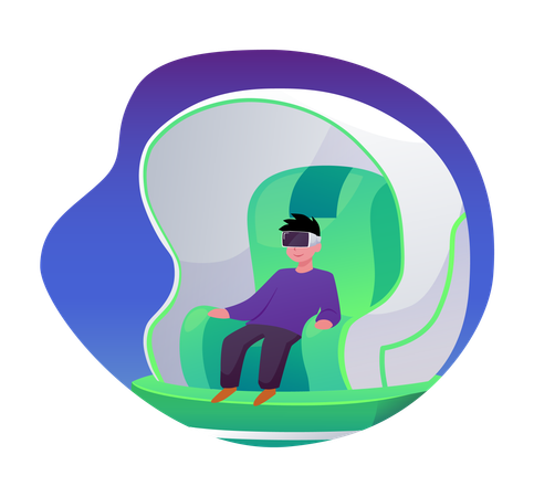 Niño con gafas de realidad virtual jugando en una atracción de videojuegos de realidad virtual  Ilustración