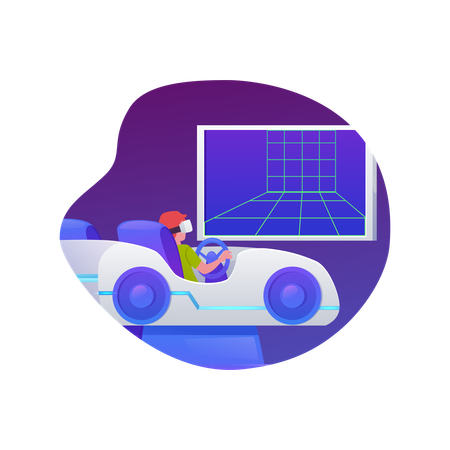 Niño con gafas de realidad virtual jugando en una atracción de videojuegos de realidad virtual  Ilustración
