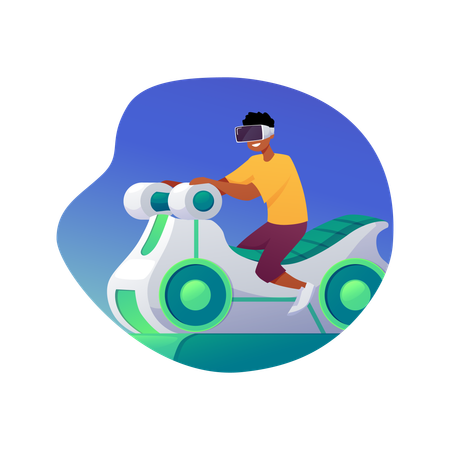 Niño con gafas de realidad virtual sentado en una motocicleta moviendo el asiento jugando en realidad virtual  Ilustración