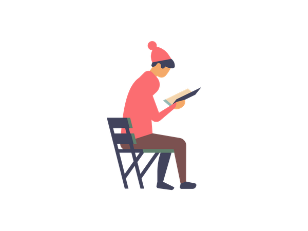 Niño con gorro de invierno sentado en un banco y leyendo un libro  Ilustración