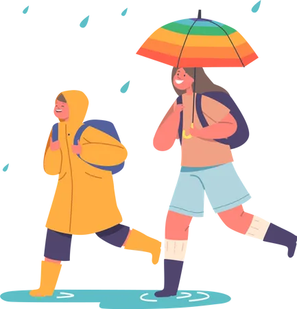 Niño con impermeable y niña con mochilas caminando en tiempo lluvioso a la escuela  Ilustración