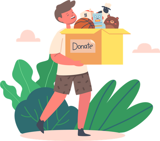 Niño con juguetes en caja de donaciones  Ilustración
