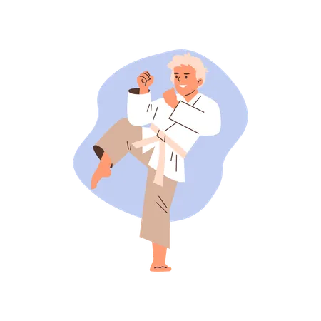 Niño con kimono y cinturón blanco  Ilustración